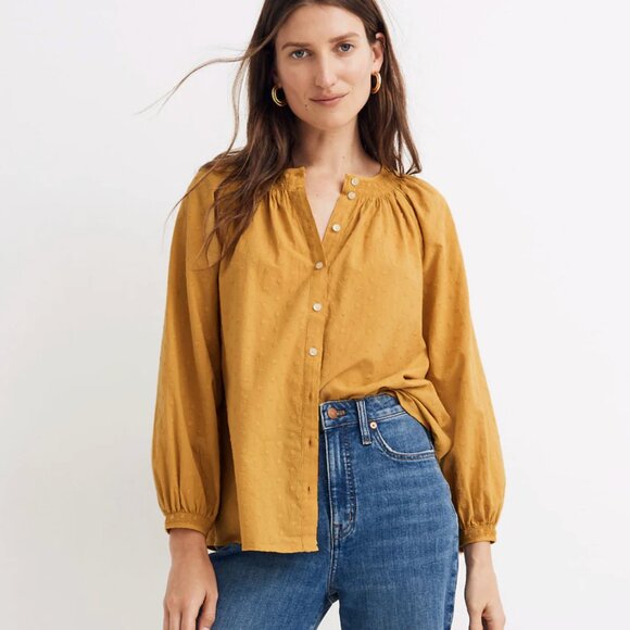 Madewell Yellow Floral Embroidered Smocked-Neck Raglan Balloon Sleeve Women's M - Picture 13 of 15